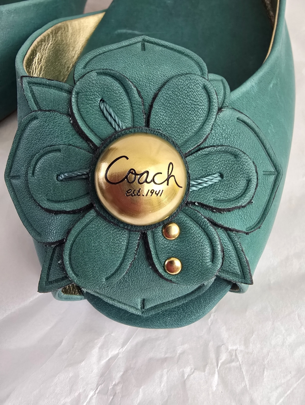 COACH Est. 1941 Teal Green Leather Floral Slingback Peep Toe Heels - Sz 8.5 NWOB - Picture 11 of 11